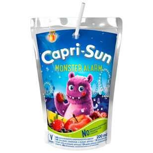 Capri Sun Monster Alarm 200 ml – fruchtiges Getränk mit buntem Design und lustigem, pinkem Monster, umgeben von Äpfeln und Beeren.