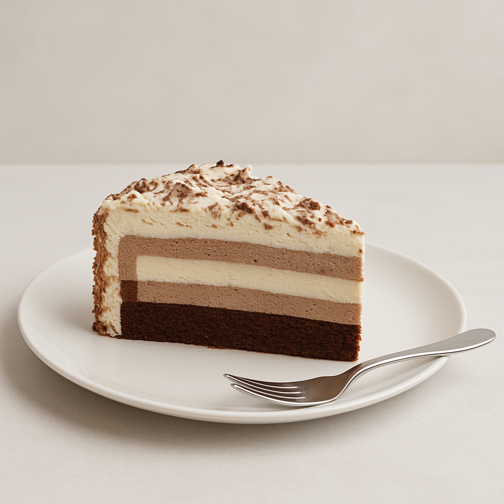 Portion einer mehrschichtigen Schoko-Sahnetorte mit feiner Mousse und Sahnehaube, serviert auf einem weißen Teller mit Gabel – minimalistische Darstellung, fotografiert
