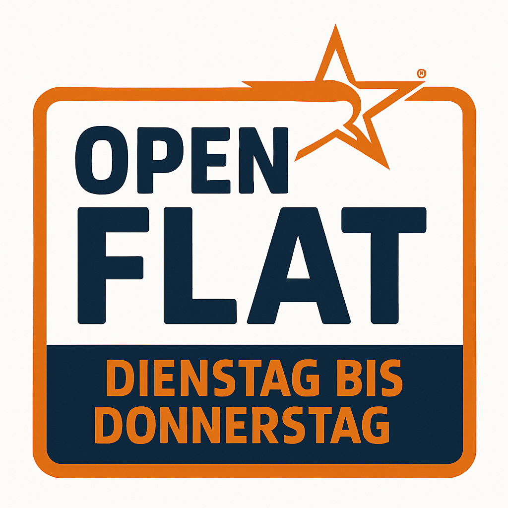 Weißes Produktbild mit dem Schriftzug „OPEN FLAT – Dienstag bis Donnerstag“ in den Laserstar-Farben Navy und Orange. Ideal für alle, die unter der Woche Lasertag in Oldenburg zum Top-Preis erleben wollen., Kfz-Kennzeichen, Transport, Fahrzeug, Symbol