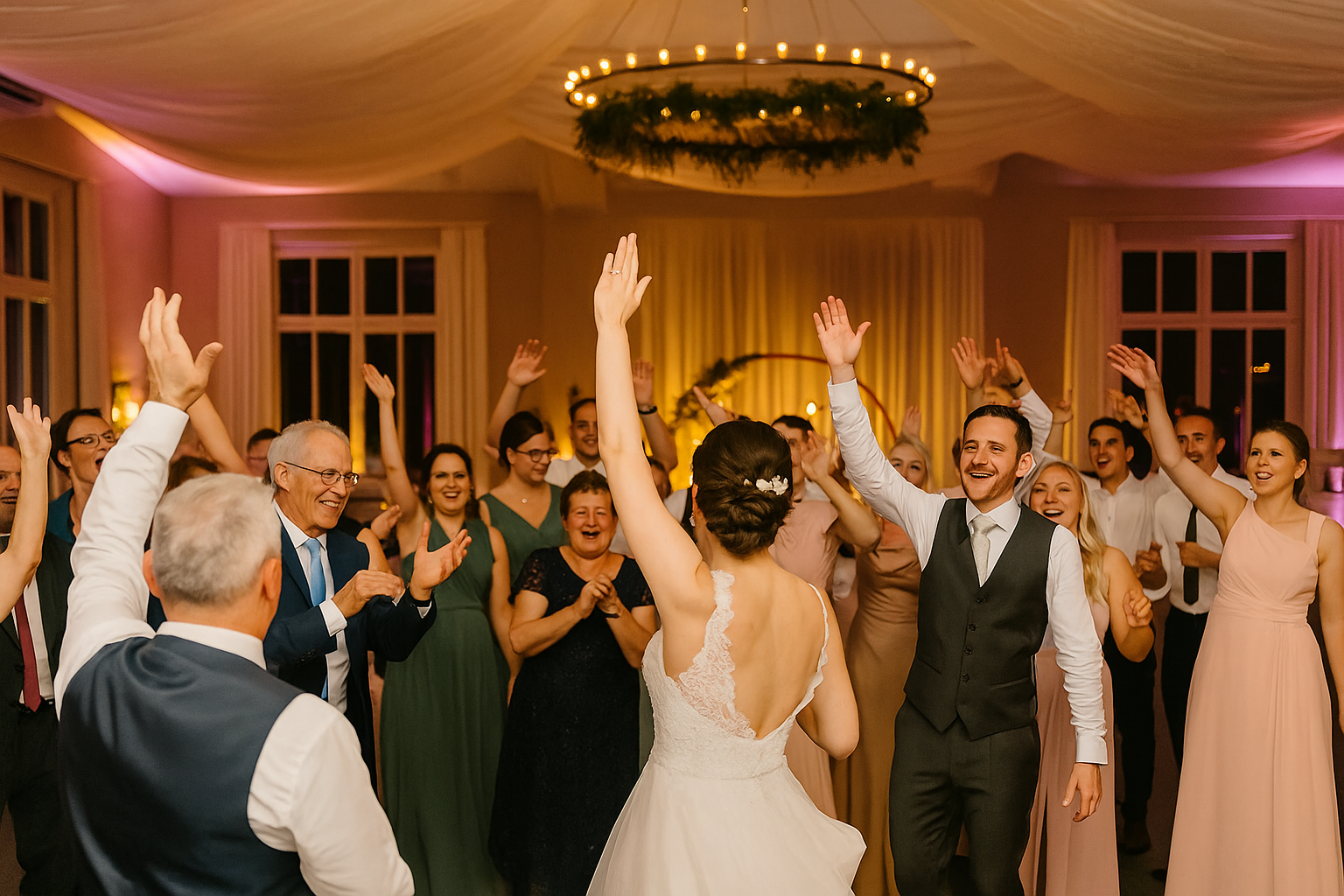 Hochzeitsgesellschaft tanzt ausgelassen auf der Feier, stimmungsvolle Abendbeleuchtung, DJ-Party und glückliche Gäste mit erhobenen Armen.