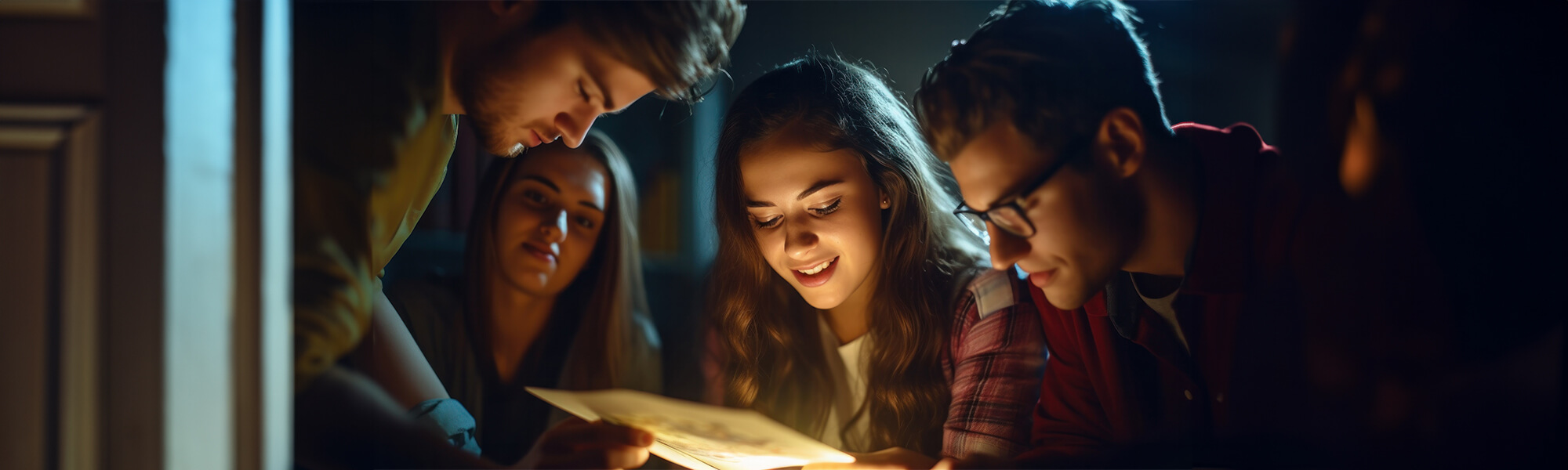 Vier junge Erwachsene, die konzentriert und gemeinsam über einen leuchtenden Hinweis im Escape Room gebückt sind, während sie ein Rätsel lösen.