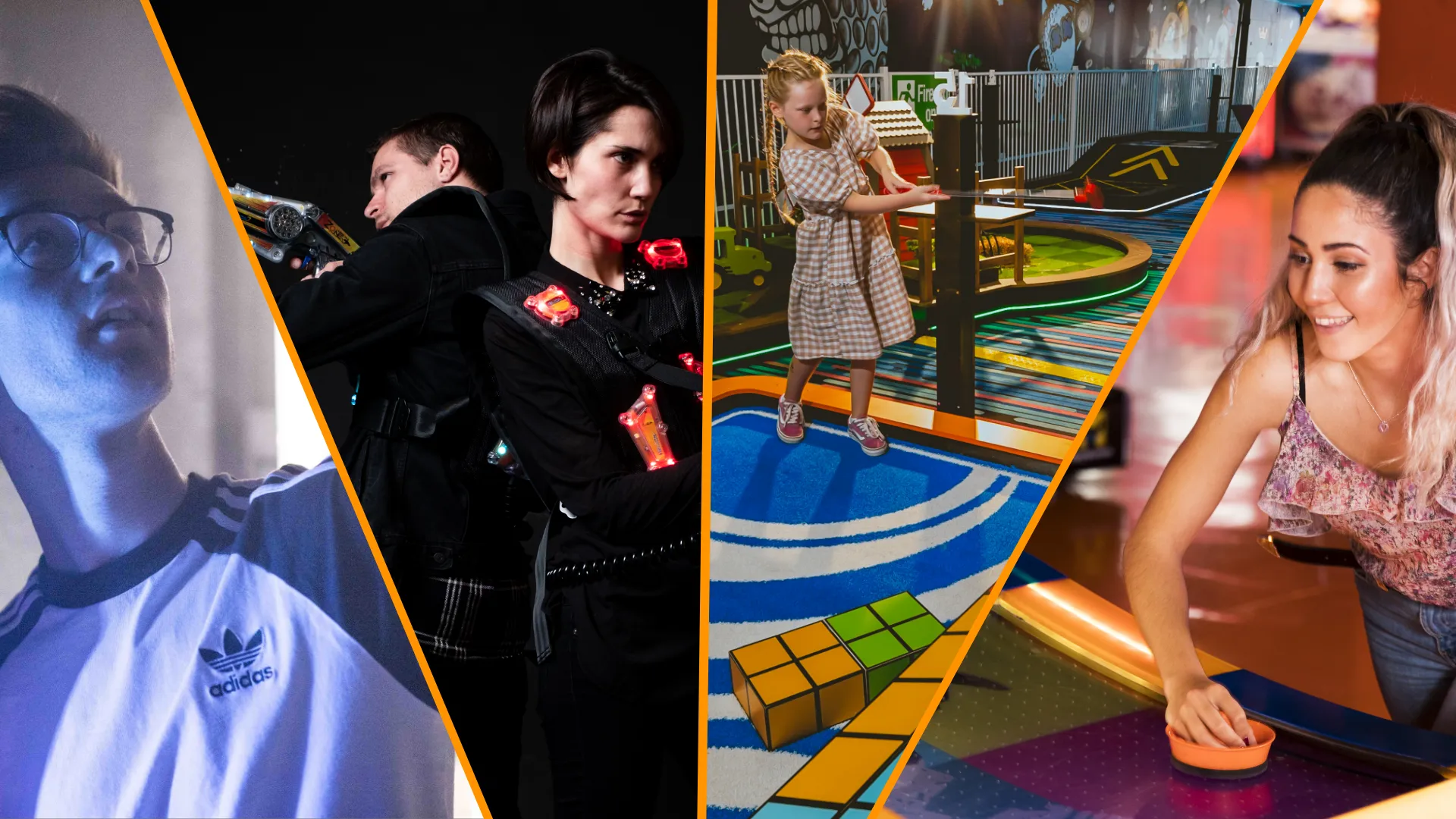 Vier geteilte Freizeitszenen: junger Mann im Escape Room, zwei Personen mit Lasertag-Ausrüstung, Kind beim Minigolf und junge Frau beim Airhockey – jeweils in farbenfroher Indoor-Umgebung.