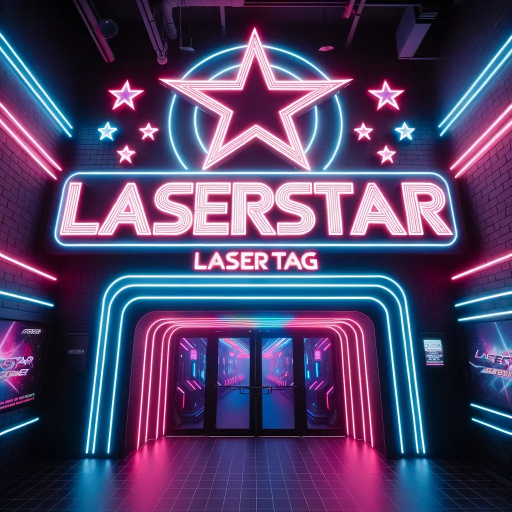 Der von Neonlichtern eingerahmte Eingang von Laserstar Lasertag