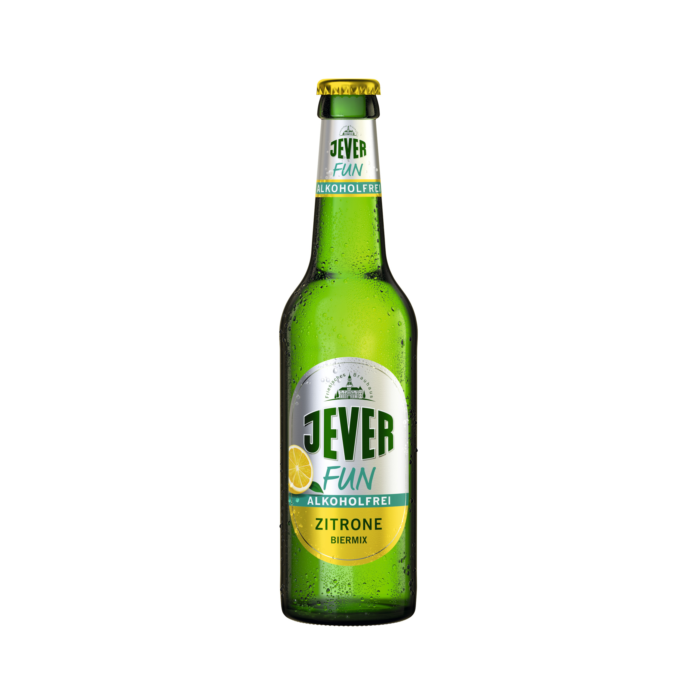 Nahaufnahme einer 0,33 l grünen Glasflasche Jever Fun Alkoholfrei Zitrone Biermix, mit Kondenswasser perlt das Bier frisch und einladend – perfekt für alkoholfreien Genuss.