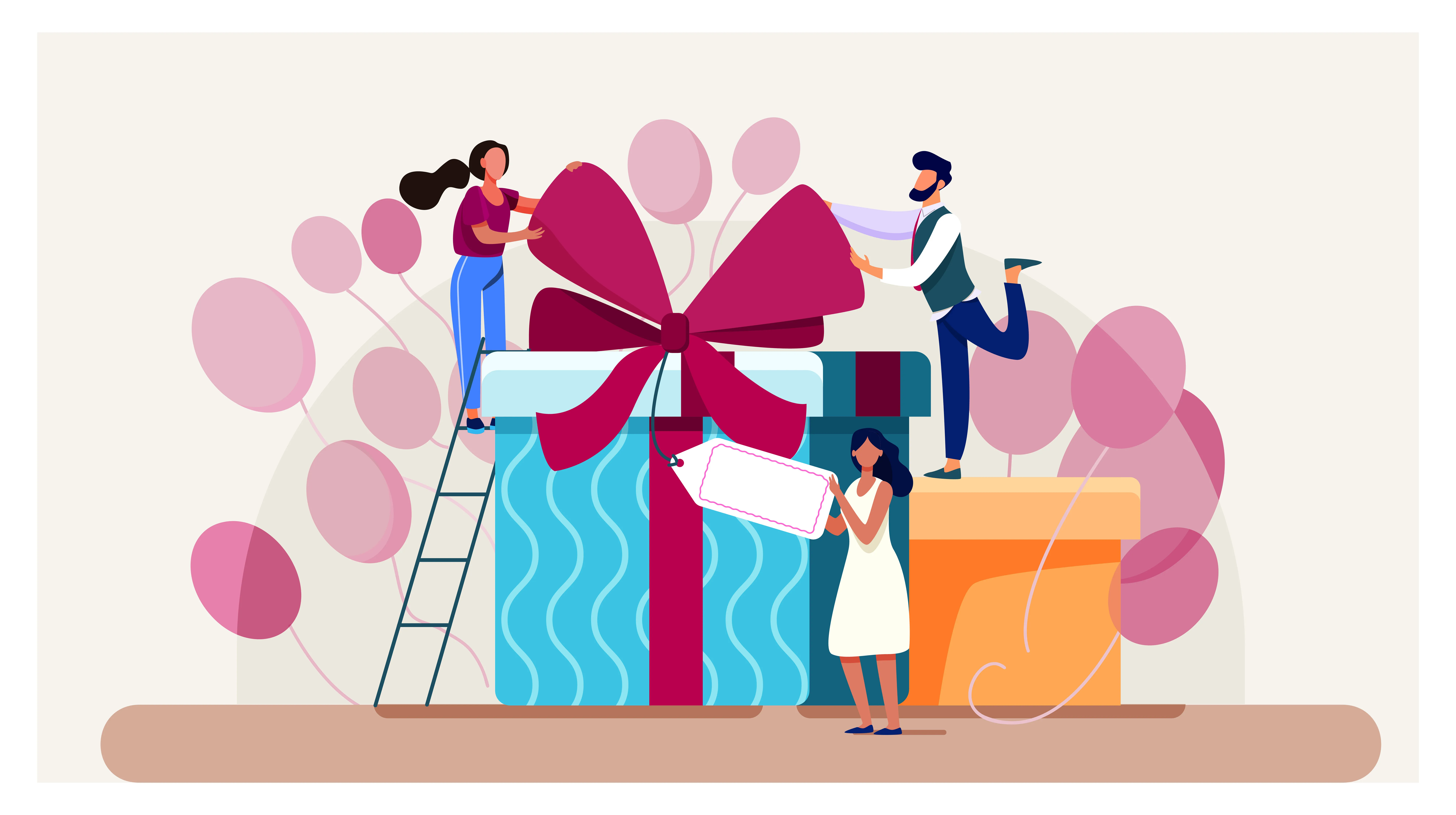 Von GebEine comichafte Illustration zeigt drei Menschen, die ein übergroßes Geschenk dekorieren. Eine Frau steht auf einer Leiter, an das Geschenk angelehnt.