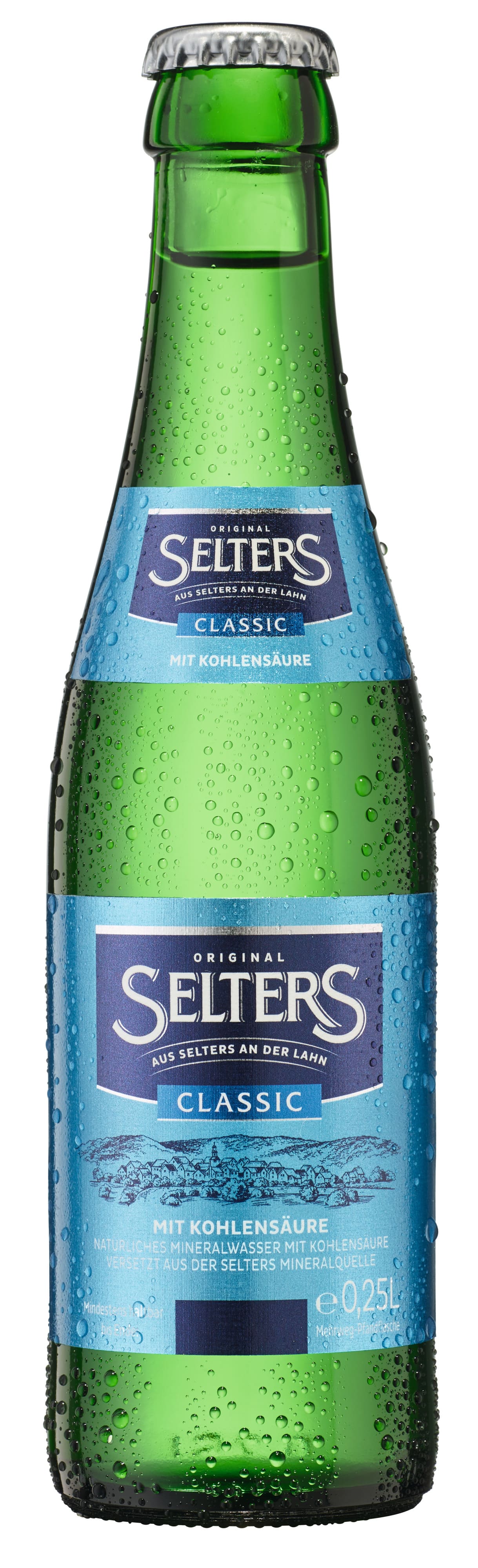 Selters Original Classic 0,25L Glasflasche – prickelndes, natürliches Mineralwasser mit Kohlensäure aus der Selters-Quelle. Perfekt gekühlt für puren Trinkgenuss.