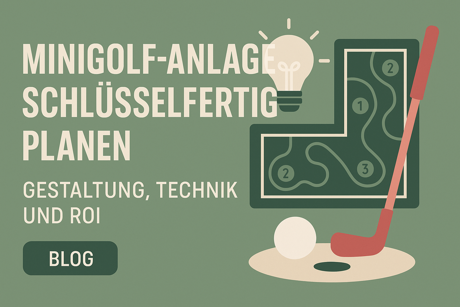 Illustratives Blog-Banner mit Minigolf-Putter, Ball, Bahnplan und Glühbirnen-Symbol, passend zum Artikel über die Planung einer schlüsselfertigen Minigolf-Anlage mit innovativer Technik, hoher Sicherheit und schnellem Return on Investment.