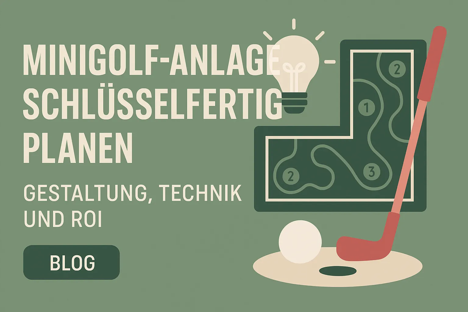 Illustratives Blog-Banner mit Minigolf-Putter, Ball, Bahnplan und Glühbirnen-Symbol, passend zum Artikel über die Planung einer schlüsselfertigen Minigolf-Anlage mit innovativer Technik, hoher Sicherheit und schnellem Return on Investment.