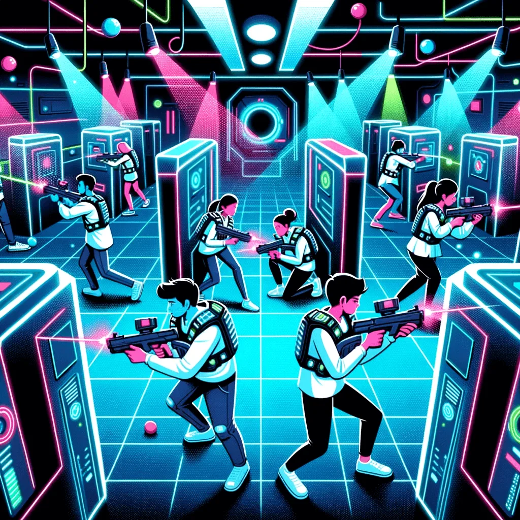 Eine futuristische Lasertag Spielfläche mit vielen Spielern