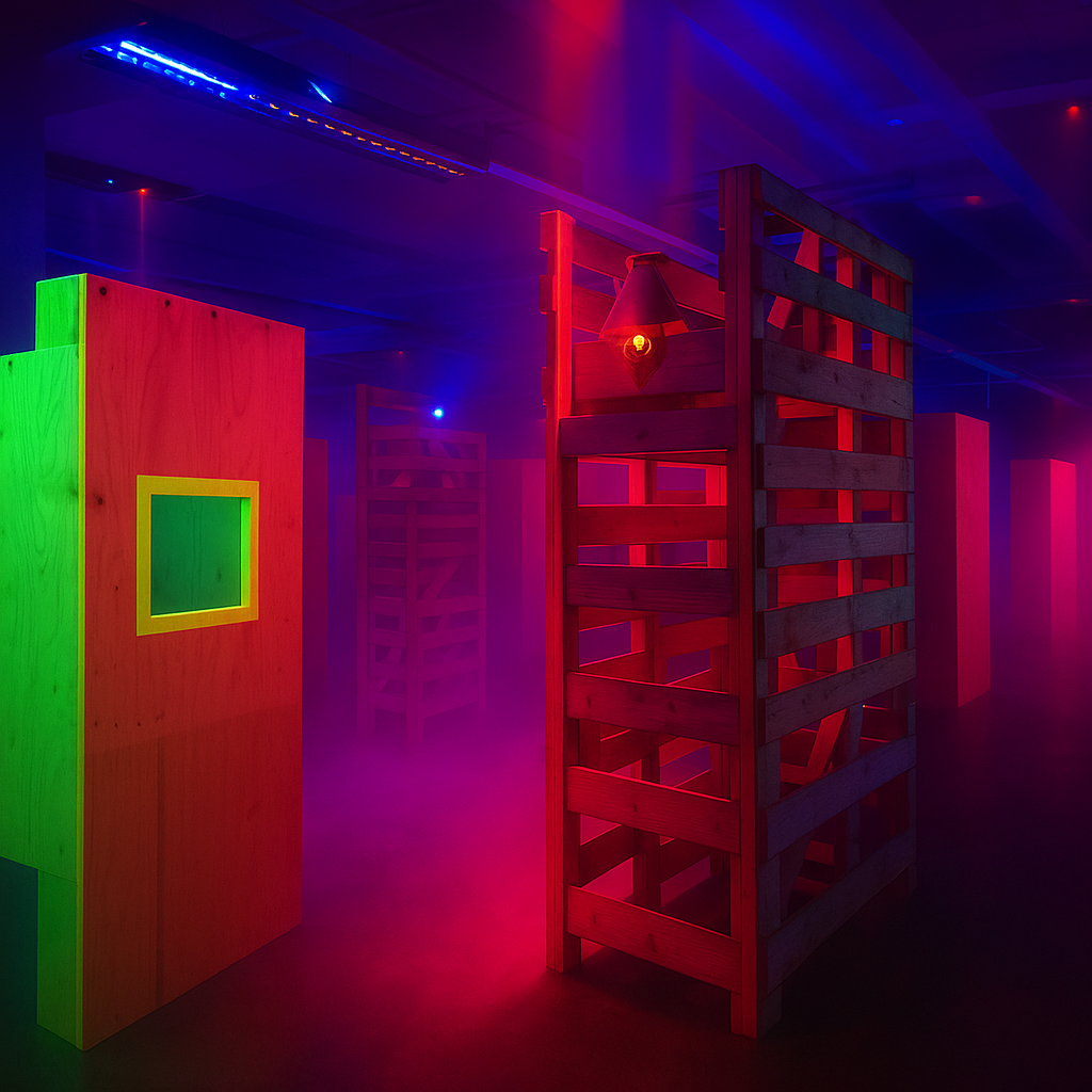 Lasertag Oldenburg Spielfeld mit Holzwänden, Hindernissen und grünen sowie pinken Neonlichtern im Nebel