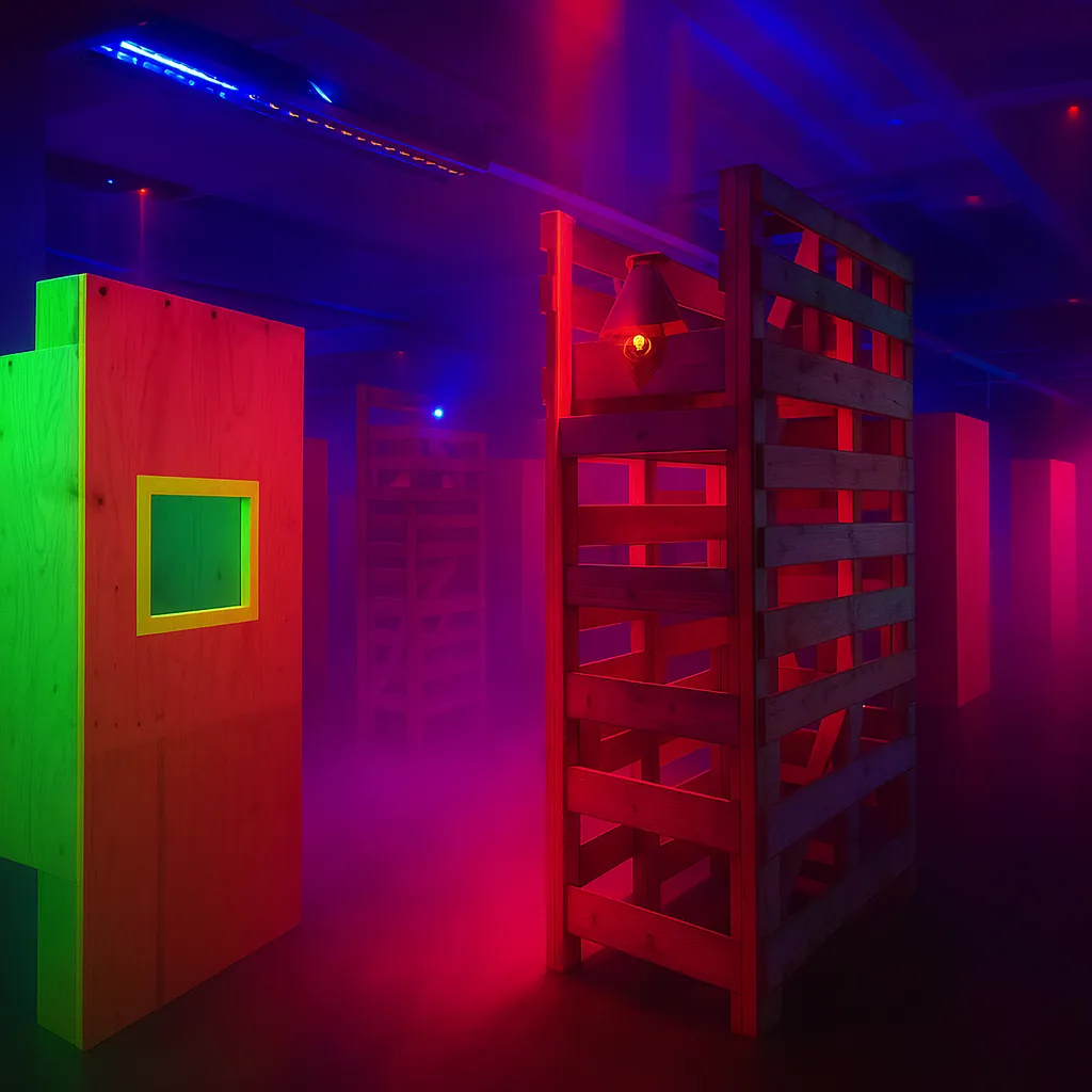 Lasertag Oldenburg Spielfeld mit Holzwänden, Hindernissen und grünen sowie pinken Neonlichtern im Nebel