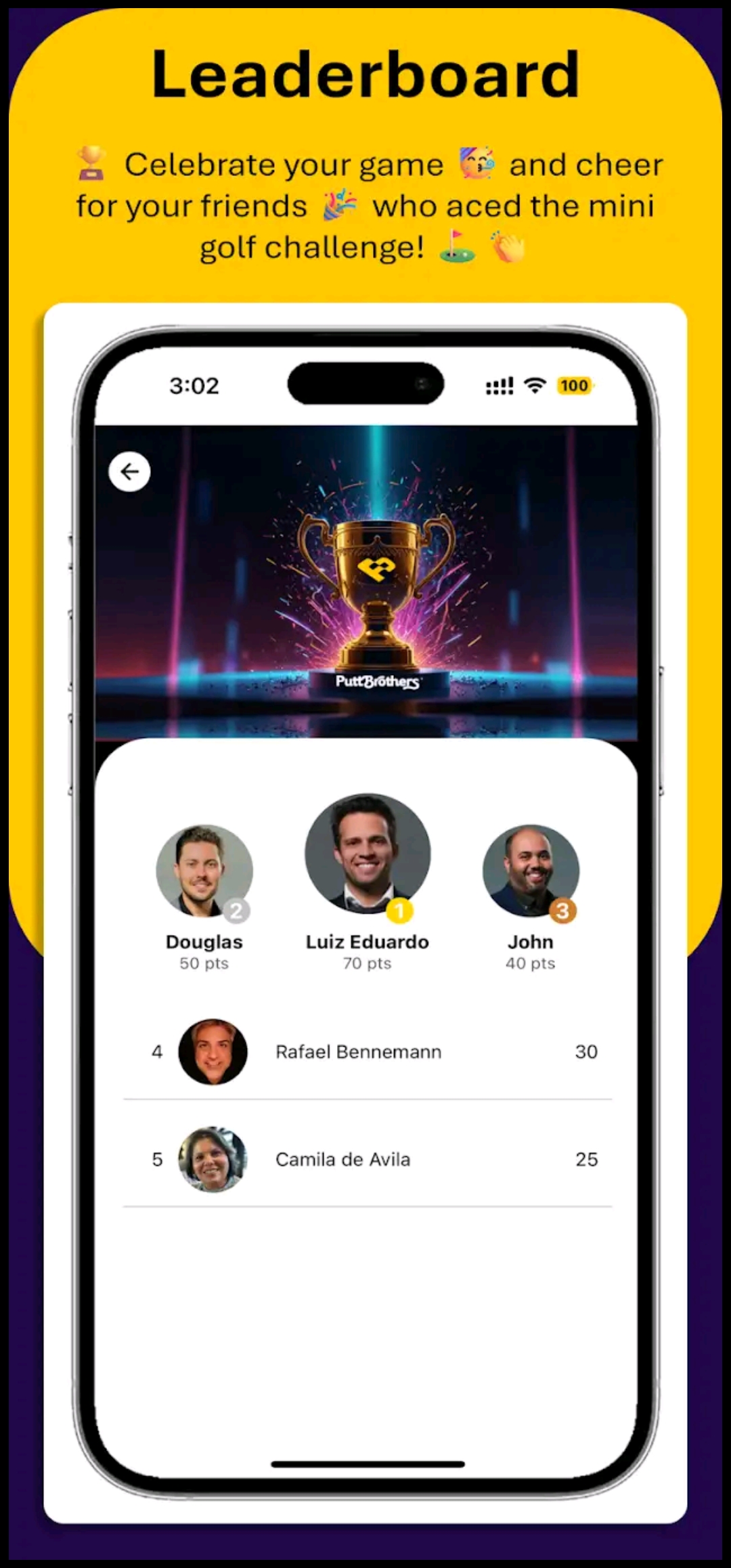 Screenshot der PuttBrothers App ‚Leaderboard‘-Seite: Oben ein strahlender Pokal mit PuttBrothers-Logo, darunter Spieler-Rangliste mit Profilbildern (1. Luiz Eduardo 70 Punkte, 2. Douglas 50 Punkte, 3. John 40 Punkte) und weiteren Plätzen (4. Rafael Bennem