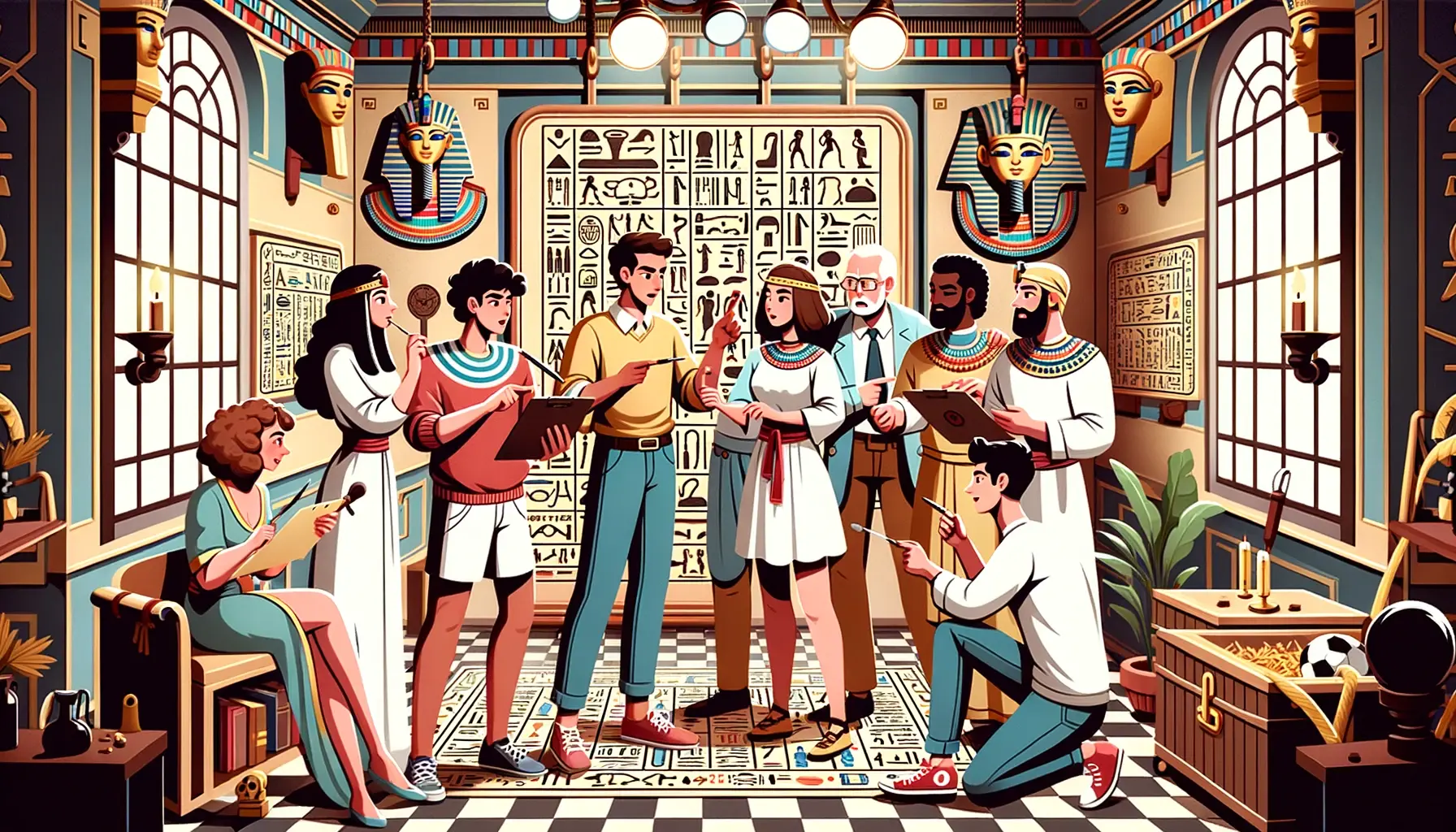Illustration von Spielern in einem Escape Room mit dem Thema Pharao und Ramses.l