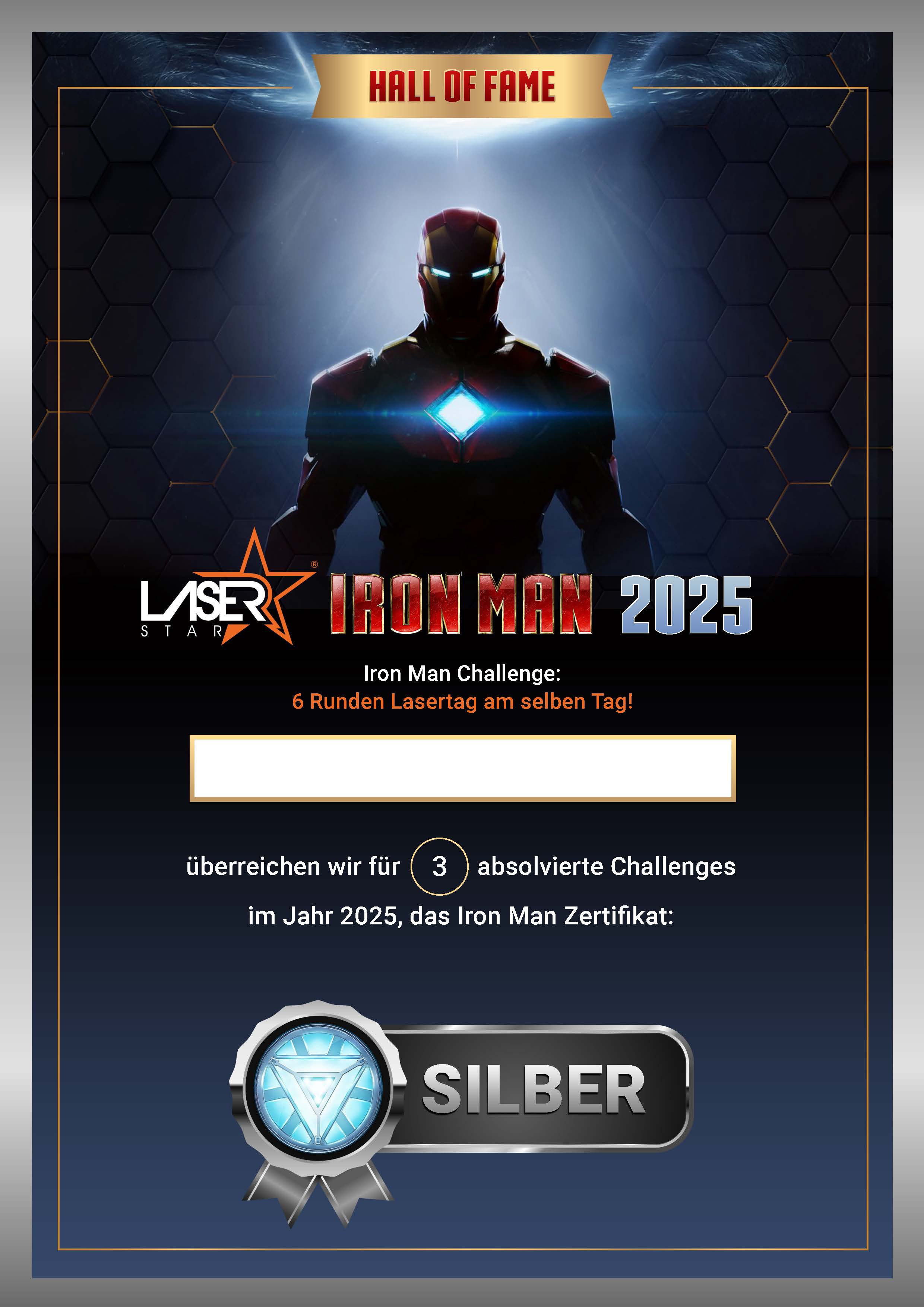Silber-Zertifikat für drei absolvierte Iron Man Challenges im Jahr 2025 – ein Beweis für Ausdauer und Spielfreude.