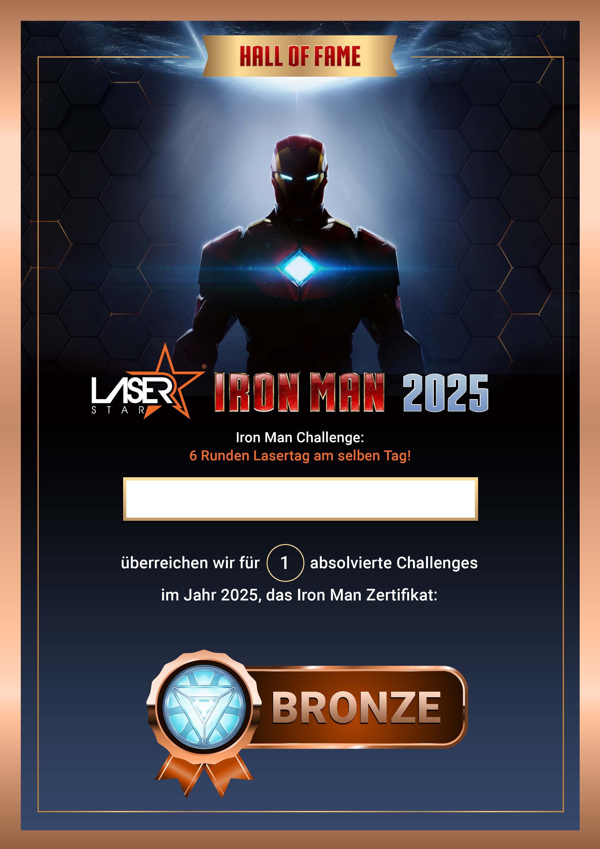 Bronze-Zertifikat für eine erfolgreich absolvierte Iron Man Challenge mit 6 Lasertag-Runden an einem Tag im Jahr 2025.