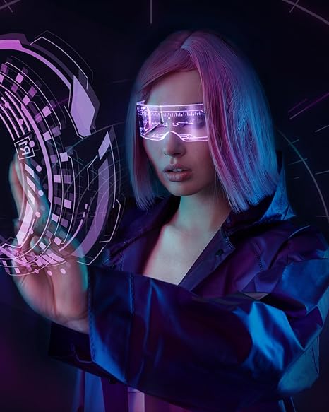 Person trägt eine futuristische Cyberpunk-LED-Brille in Neonfarben und interagiert mit digitalen, holographischen Elementen.