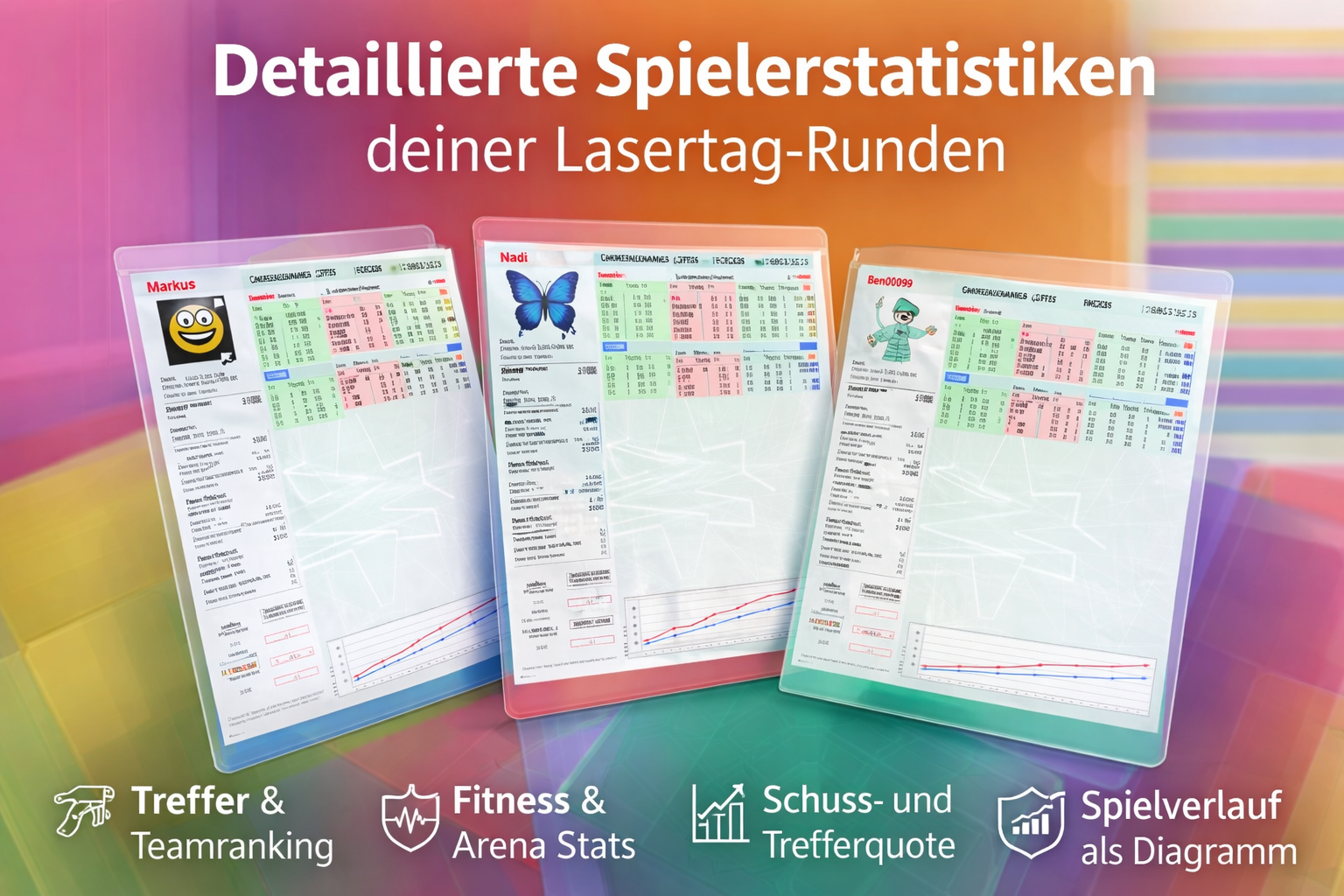 Mehrere LaserTag-Spielerstatistiken als Ausdruck in farbigen Folien sortiert – ideal für Teams, Events und gemeinsame Auswertung nach der Runde.