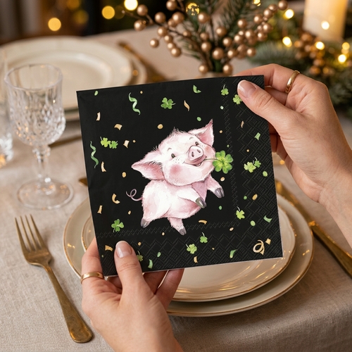 20 Servietten Lucky Pig black - Schweinchen mit Kleeblatt schwarz 33x33cm
