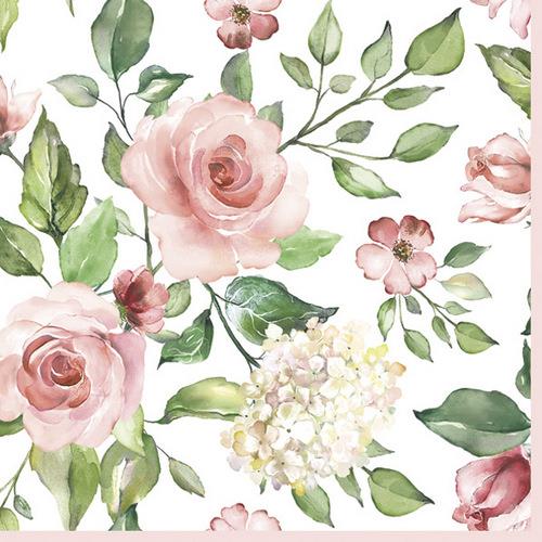 20 Servietten Watercolor Roses with Hydrangea - Rosen und Hortensien 33x33cm