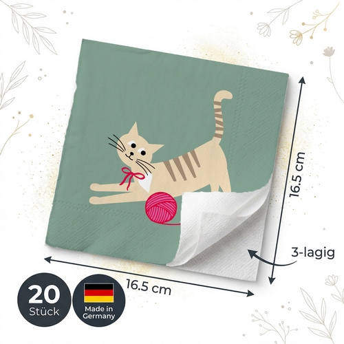 20 Servietten Miss Sophie sage - Lustige Katze spielend grün 33x33cm