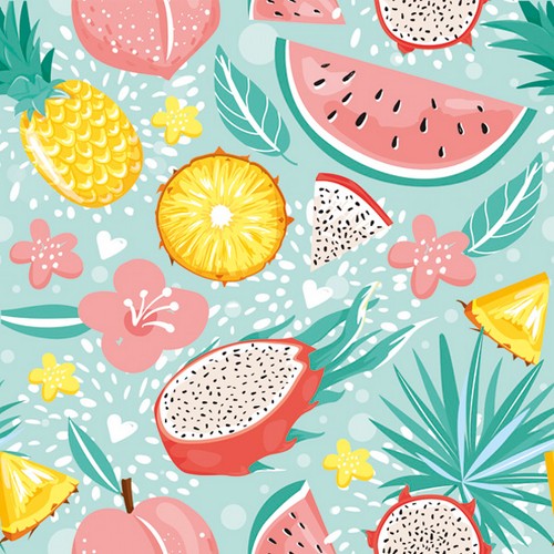20 Servietten Pastel Exotic Fruits on Light Blue - Frische exotische Früchte 33x33cm
