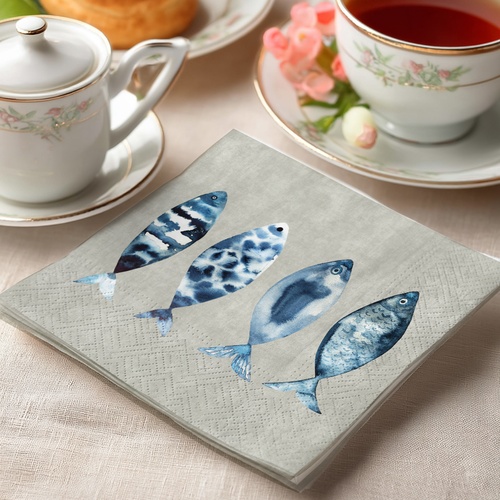 20 kleine Cocktailservietten High tide fish - Fische auf Betonfarbe 25x25cm