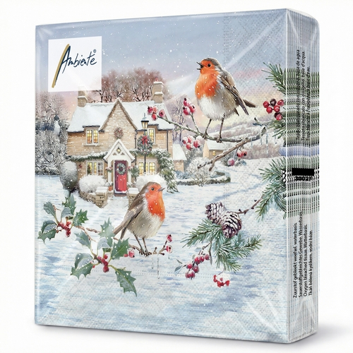 20 Servietten Birdy Village - Rotkehlchen an Winterhaus 33x33cm