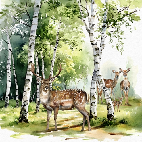 20 Servietten Birch Forest - Hirsch und Rehe im Birkenwald 33x33cm