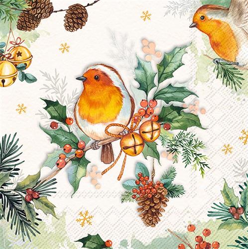 20 Servietten Robins Melody cream - Rotkehlchen an Weihnachtszweig 33x33cm