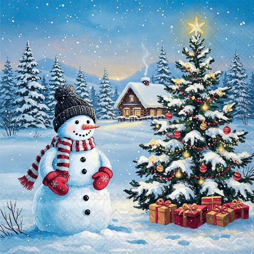 20 Servietten Cool Guard - Schneemann erfreut am Baum 33x33cm