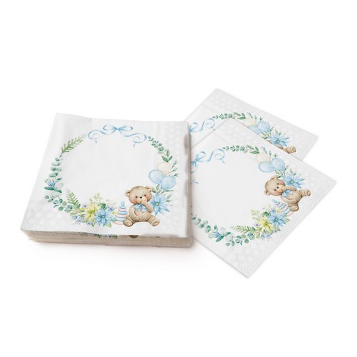 20 Servietten Baby Teddy Bear blue - Teddy im blauen Kranz 33x33cm