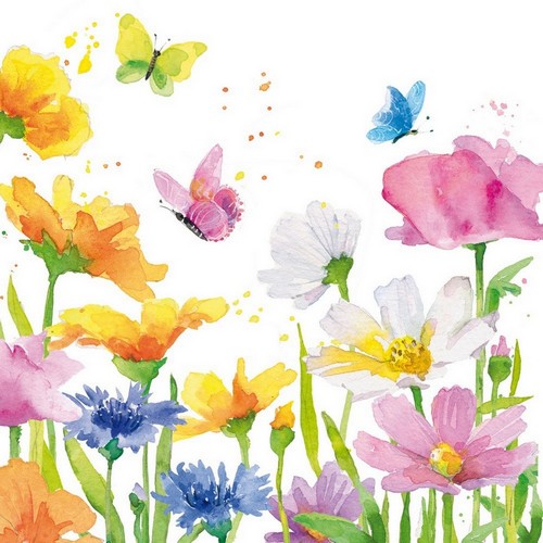 20 Servietten Happy Spring - Schmetterlinge um bunte Wiese 33x33cm