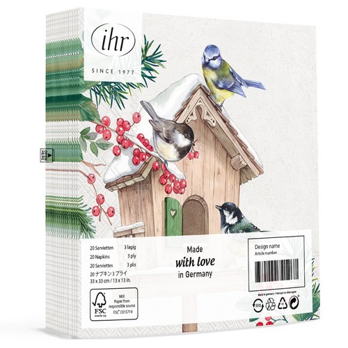 20 Servietten Birds Meeting Point - Vögel am winterlichen Vogelhaus 33x33cm