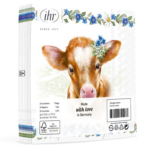 20 Servietten Auf der Alm - Kuh an Edelweissbordüre 33x33cm