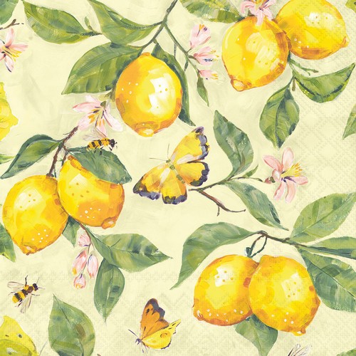 20 Servietten Fresh Lemons yellow - Schmetterlinge an frischen Zitronen gelb 33x33cm