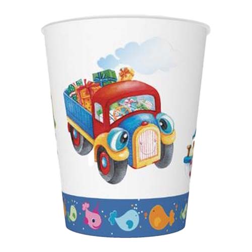 8 Pappbecher Happy Vehicles - Lustige Fahrzeuge 250ml Ø5,5-8cm, H9cm