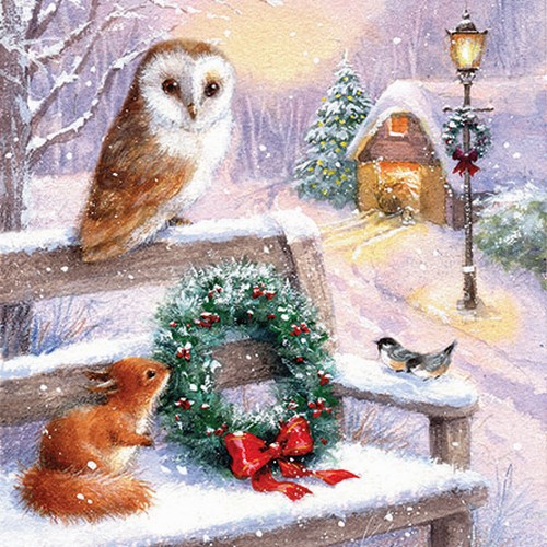 20 Servietten Just chatting - Wintertiere treffen sich auf Waldbank 33x33cm