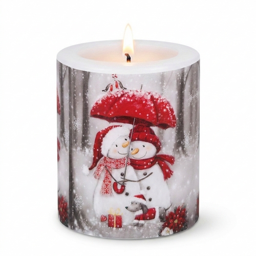 Kerze rund Snowmen with Umbrella - Schneemänner mit Regenschirme Ø 8cm, Höhe 8,5cm