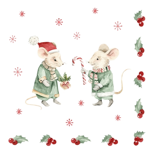 20 Servietten Winter Mice - Weihnachtsmäuse mit Geschenk 33x33cm