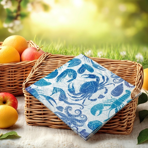 20 kleine Cocktailservietten Lobster Party - Unterwassertiere in Blau 25x25cm