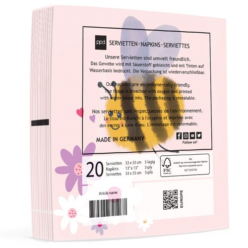 20 Servietten Donna - Große Biene an Blüten 33x33cm