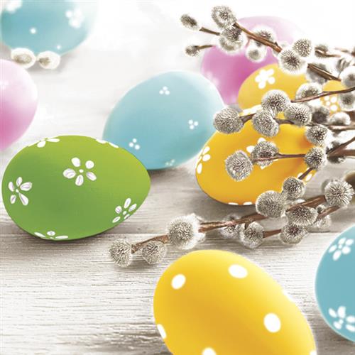 20 Servietten Pastel Eggs with Catkins - Ostereier und Weidekätzchen 33x33cm