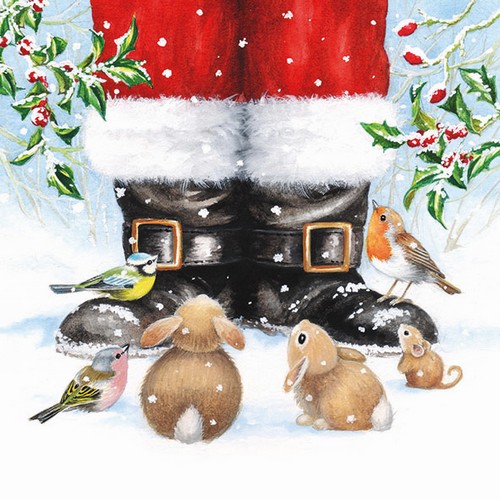 20 Servietten Looking up to Santa - Tiere versammeln sich an Santas Stiefel 33x33cm
