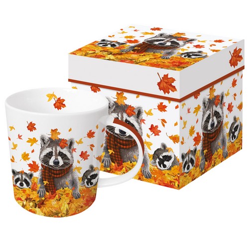 Tasse aus Porzellan Rocky & Friends - Waschbären spielen im Herbst 0,4L, Höhe 9,7cm