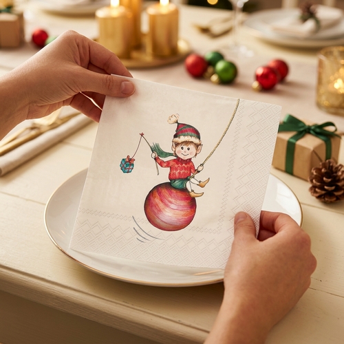 20 Servietten Elvie cream - Elfe schwingt auf Weihnachtskugel 33x33cm
