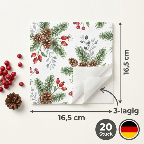 20 Servietten Winter Botanicals - Nätürliche Zweige, Beeren und Zapfen 33x33cm