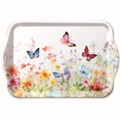 Tablett klein Butterflies in Field white - Schmetterlinge im bunten Blumenfeld 20,8x13,6cm