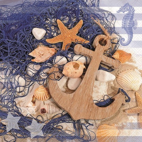 20 Servietten Nautic Elements - Holzanker an Fischernetz 33x33cm
