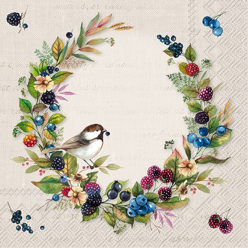 20 Servietten Autumn Fruits cream - Vogel im Beerenkranz 33x33cm