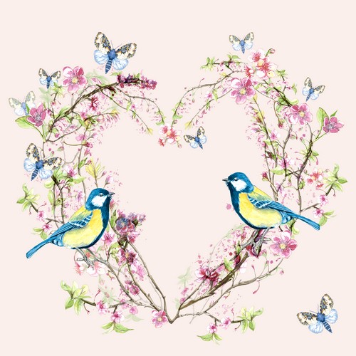 20 Servietten In Love - Blaumeisen im Blumenherz 33x33cm